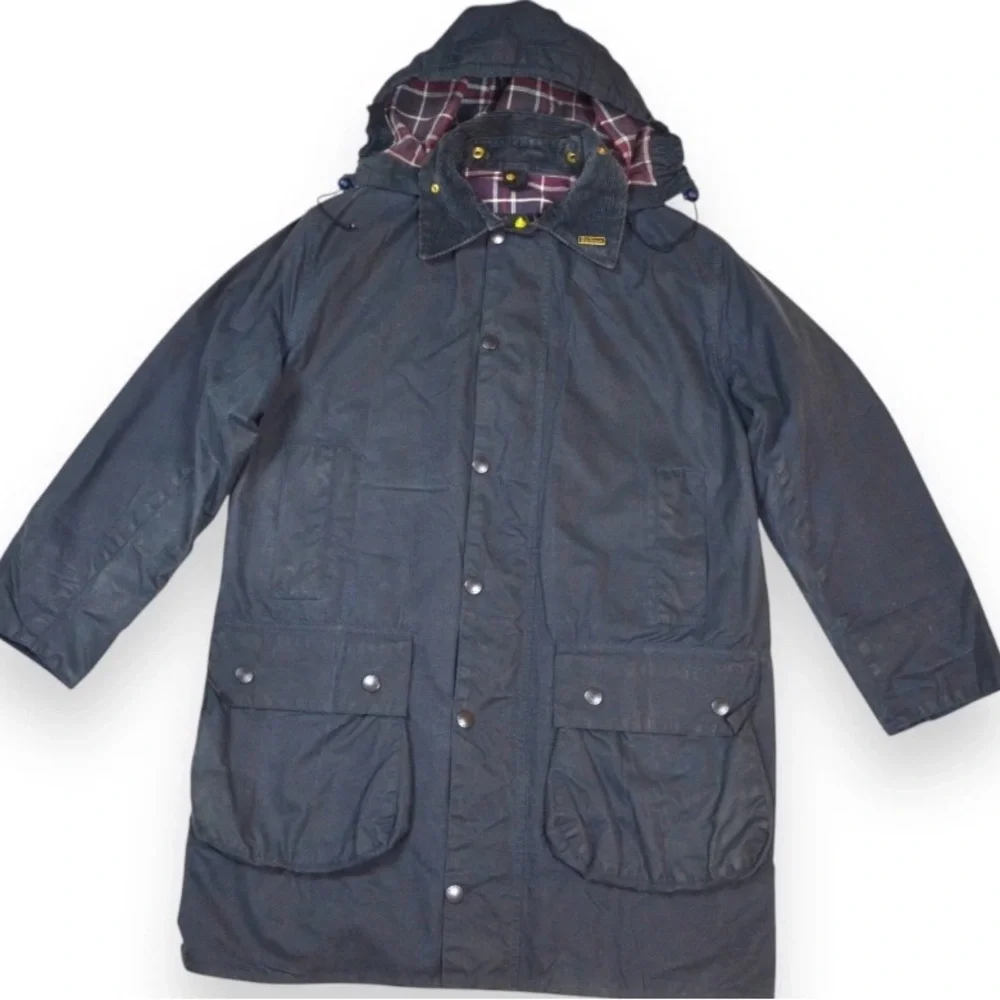VTG Barbour Border Wax Jacket With Hood 1994 A205 Navy Blue Made In England C38 - Picture 3 of 16